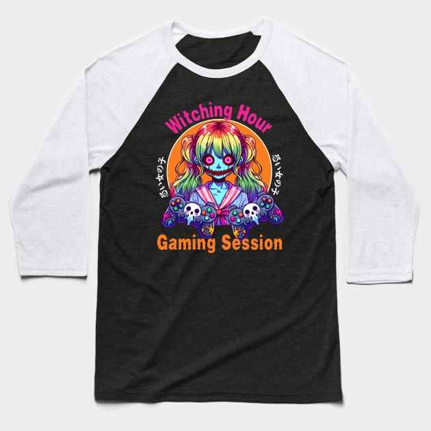 Halloween Gamer Girl Witch Baseball T-Shirt by Japanese Fever